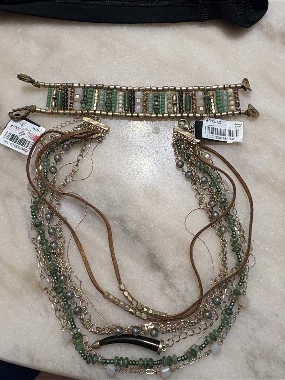 Bohemian Multi-Strand Green Beaded Statement Necklace and bracelet
